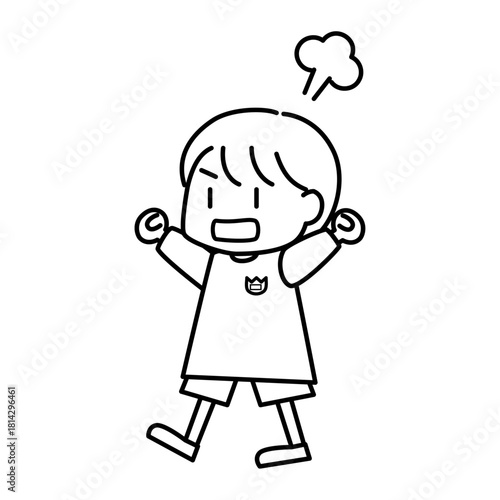 怒っている男の子のかわいい線画ベクターイラスト