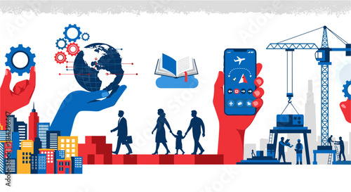 Dynamic illustration showcasing global business, education, technology, and infrastructure development