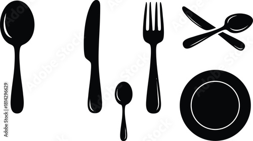 Cutlery set with spoon knife fork plate and crossed spoons vector illustration silhouette