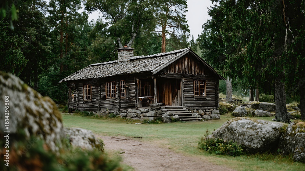 Fototapeta premium Rustic Wooden Cabin Surrounded by Green Trees in Natural Forest Setting