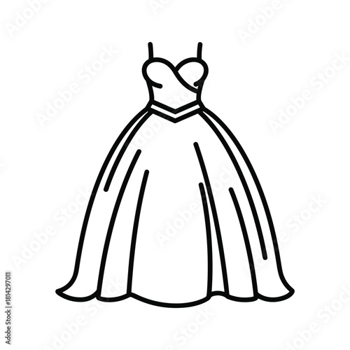 Simple black and white line art icon of a formal ball gown dress with a sweetheart neckline, isolated on