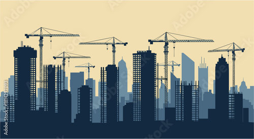 Dynamic city skyline silhouette with cranes and skyscrapers under construction in blue tones for urban development themes