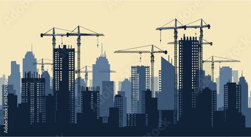 Modern city skyline illustration with active construction cranes and new buildings rising up creating a vibrant cityscape