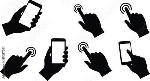 Hand holding smartphone and finger tapping touchscreen vector icons in black simple style