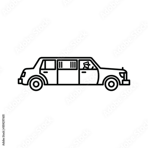 Black and white line art icon of a classic stretch limousine viewed from the side, isolated on