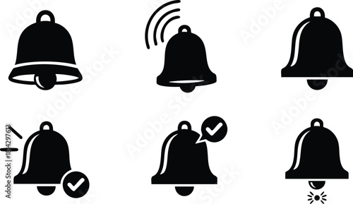 Notification bell icons set with sound and alert symbols in simple black silhouette style vector illustration