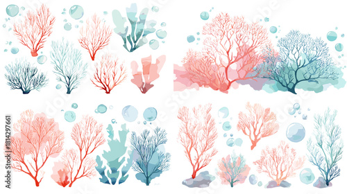 A vibrant watercolor coral collection featuring soft pastel ocean plants and marine elements. Perfect for coastal artwork, underwater themes, and decorative nature designs.