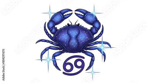 Blue crab zodiac symbol with constellations, surrounded by stars and the Cancer glyph