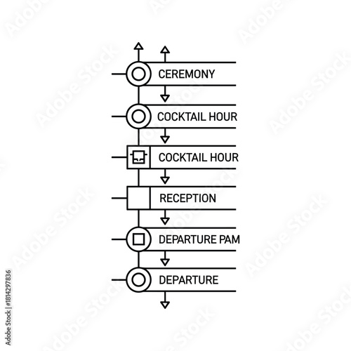 Black and white diagram illustrating a sequence of events for a wedding or formal function timeline isolated on
