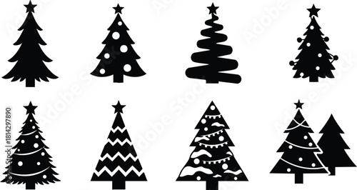 Christmas tree silhouettes with star tops and festive decorations vector icons for holiday design and winter celebration