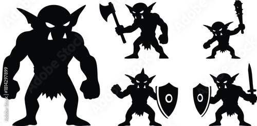 Goblin silhouettes with weapons and shield in combat poses vector illustration