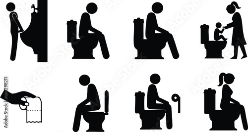 Toilet usage instructions with pictogram icons for sitting standing wiping and caregiving vector illustration