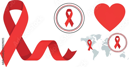Collection of Red Ribbon Icons Symbolizing Awareness and Support for Health Causes