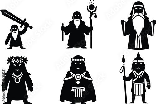 Silhouette warriors and wizards vector illustration with swords staffs and medieval armor elements