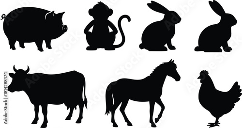 Silhouettes of farm animals including pig monkey rabbits cow horse and chicken vector illustration