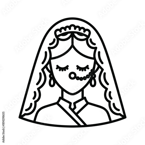 Black and white line art icon of a beautiful indian bride wearing traditional jewelry and veil isolated on