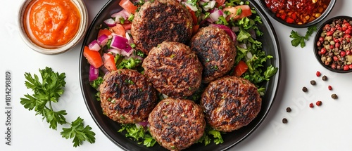 Fototapeta Naklejka Na Ścianę i Meble -  Savory Meat Patties and Fresh Pide Salad