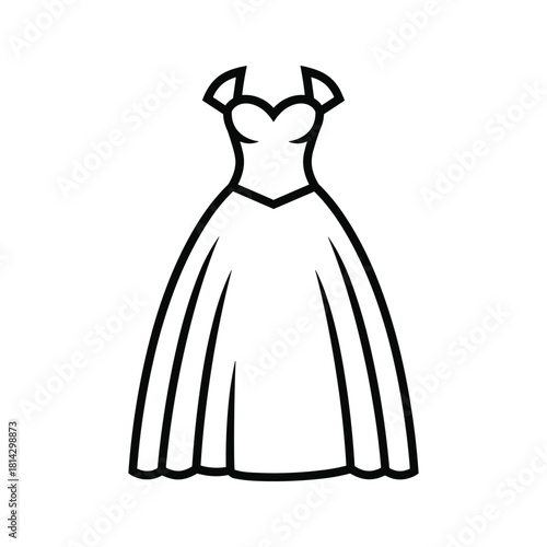 Simple black and white line art icon of a formal ball gown or wedding dress isolated on