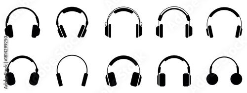 Black Headphones Icon Vector Set. Collection of Music Headset Symbols with Microphone