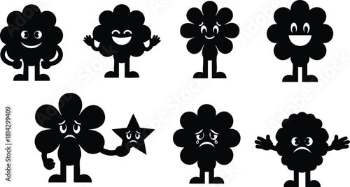 Cartoon flower characters with various facial expressions in black silhouette style vector illustration