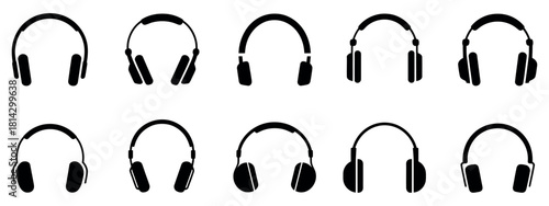 Headphones Icon. Black Music Headphone and Microphone Vector