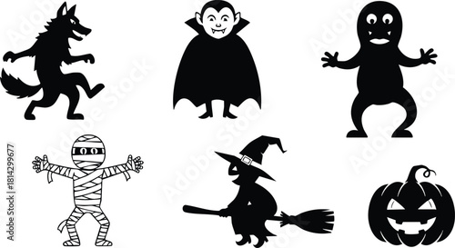 Halloween silhouette icons with werewolf vampire zombie mummy witch and pumpkin vector illustration