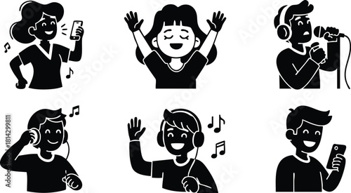 People enjoying music with headphones and devices in various joyful expressions vector illustration