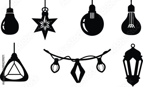 Black silhouette hanging decorative light bulbs and lantern shapes vector illustration set