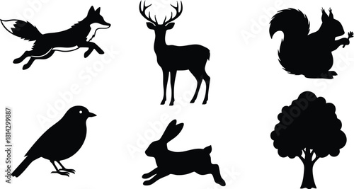 Forest animal silhouettes including fox deer squirrel bird rabbit and tree black vector illustration