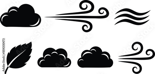 Wind and cloud icons vector set with leaf and air symbols for weather and nature design elements