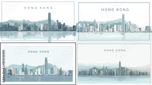 Minimalist Hong Kong skyline illustration with modern city buildings and soft mountain background. Ideal for travel posters, city art, architecture themes, and urban design projects.