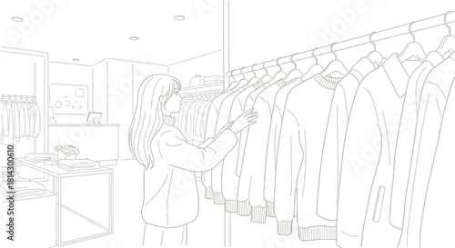 Young woman browsing clothes on a rack in a minimalist boutique store design