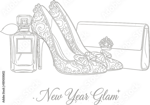 Elegant high heels perfume and clutch bag in a fashion illustration for new year glam
