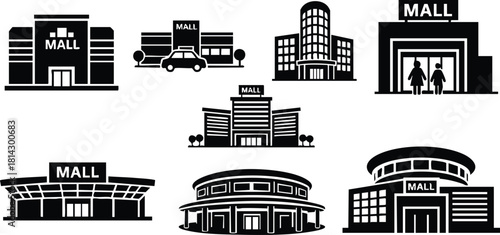 Shopping mall building icons set with storefronts and entrance silhouettes in black vector illustration