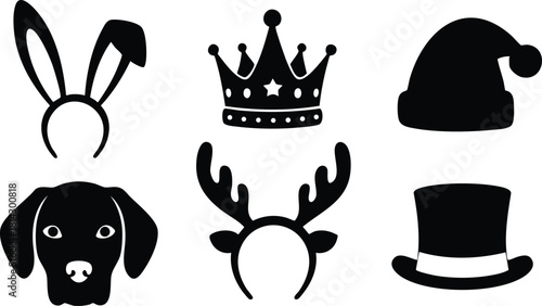 Silhouette party accessories with bunny ears dog head crown reindeer antlers santa hat and top hat vector icons collection