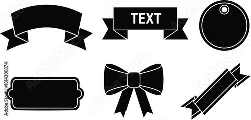Black decorative ribbons and labels vector set for design and decoration with bow and tag elements
