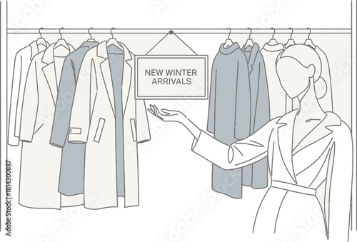 Woman presents new winter arrivals in a minimalist fashion boutique illustration
