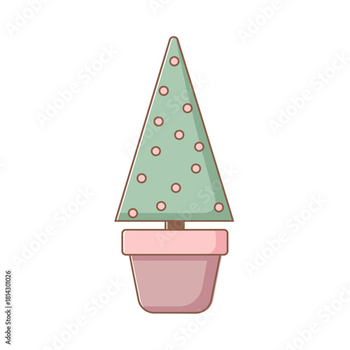 A cute, simple illustration of a green conical plant with pink dots in a pink pot, resembling a stylized topiary or small decorated tree.