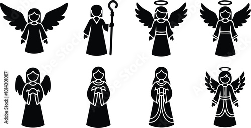 Set of black silhouette angel figures with wings halos and shepherd staff vector illustration