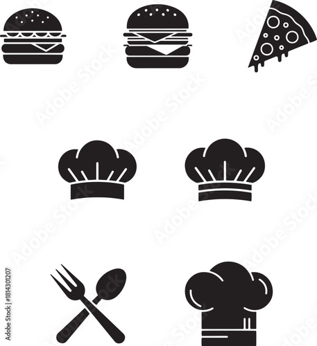 Food and cooking icons set featuring a delicious hamburger, a slice of pizza, two chef hats, and crossed cutlery, isolated on white background