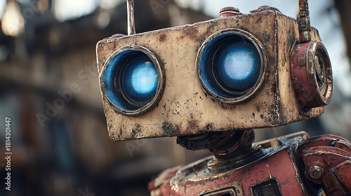 Weathered robot with glowing blue eyes and metallic body droid mechanical