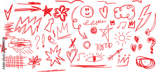 Collection of red hand drawn doodle icons and symbols A chaotic assortment of red hand-drawn doodles, including stars, lightning bolts, eyes, and abstract shapes on a white background.