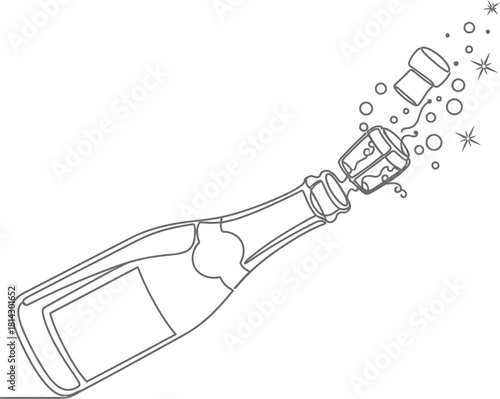 Champagne bottle popping with cork flying in continuous line art illustration