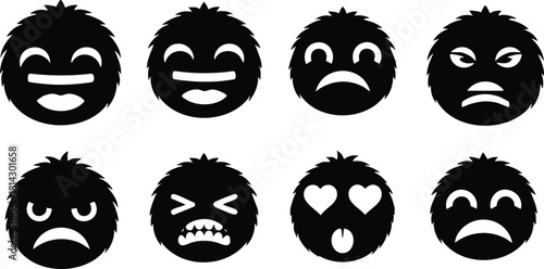 Set of eight black silhouette emoticons showing various facial expressions in vector illustration