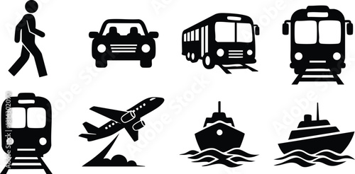 Transport icons set with pedestrian car bus train airplane ship and cruise ship vector illustration