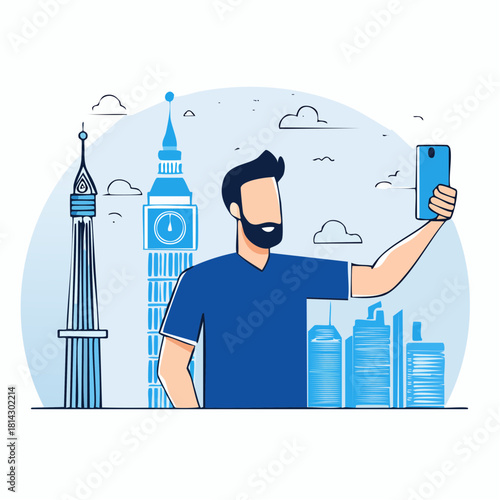 Man Capturing a Selfie with City Skyline Backdrop Depicting Landmarks, Skyscrapers, and Towers in Modern Illustration