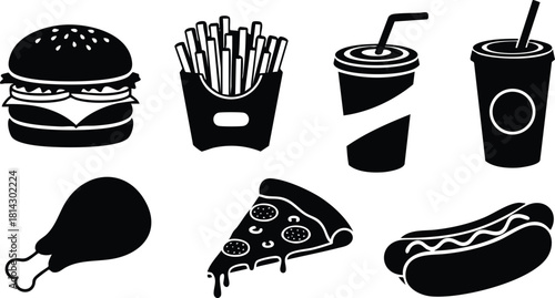 Fast food icons set with burger, fries, soda, chicken leg, pizza slice, and hot dog vector illustration