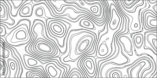 Black and white topographic map contour lines forming an intricate, organic, and abstract pattern with detailed curves and loops