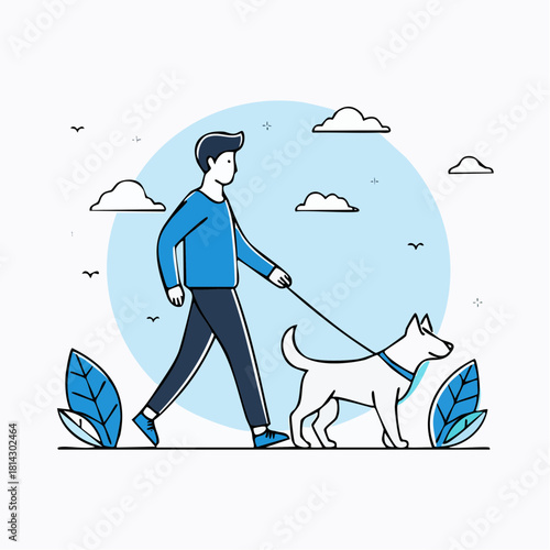 Vector illustration of a young man walking with his pet dog on a leash. Modern flat line art design of a character enjoying an outdoor stroll