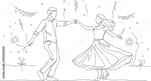 Couple dancing in continuous line art style celebrating a special occasion